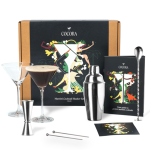 Cocora Martini Geschenkset - 8-delige RVS Cocktail Set - Cocktail Shaker - V-vormige Martini Glazen - Cocktail Boek - Duurzaam