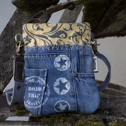 Sunsa kleine Nachhaltige Umhängetasche.  Damen Schultertasche aus recycelte Jeans & Canvas ( Segeltuch). Handtasche Vintage retro Stil. Crossbody Tasche für Frauen.