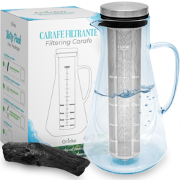  Water filtration carafe with activated charcoal filter, made of stainless steel and glass, with a capacity of 1.8 liters.