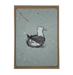 A poster featuring a simple illustration of a swimming seagull on a textured background.
