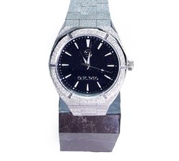 Stainless steel watch with black dial and silver-tone bracelet. Features a round case and analog display.