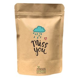 A small, round, green oregano plant in a brown paper bag with the text "Miss You" and a rainy cloud icon printed on it. The product is part of the Garden category.