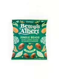 Chocolate-covered almonds in a jungle-themed package, featuring a variety of shapes and colors.