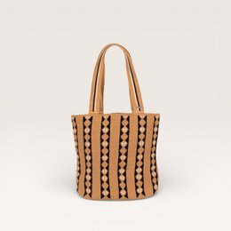  Almond geometric oval tote bag with black diamond and stripe woven pattern, natural material handbag