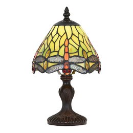 A Tiffany-style table lamp with a round, yellow shade featuring a dragonfly design. The lamp has a bronze-finished base and stands approximately 30 cm tall.