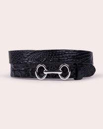  Black croc-embossed leather belt with silver horse bit buckle accent
