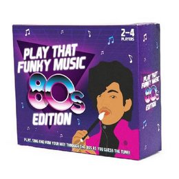 "Play That Funky Music - 80s Edition is a retro-themed party game featuring music, trivia, and accessories inspired by the iconic 1980s era. The game includes cards, markers, and other items with vibrant colors and 80s-style graphics."