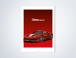 Sleek, high-performance Ferrari 488 Pista sports car in Rosso Corsa, Grigio ferro, Giallo Modena, and Nero Daytona color variants. Powerful, aerodynamic design with bold racing stripes.
