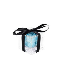 Luxurious dried flower bouquet in various colors including aquamarine, lavender, hot pink, ocean blue, and more. Elegant and decorative gift box with black ribbon.