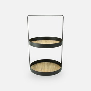 Metalen étagère 2 niveau's rond met riet - zwart