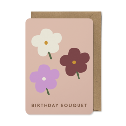 Colorful floral greeting card with text "Birthday Bouquet - Berry, Eco-Conscious Greeting Card". The card features a bouquet of stylized flowers in shades of pink, purple, and white.