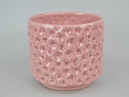  Ceramic planter pot, mauve pink color, textured relief pattern, cylindrical shape, 17cm diameter
