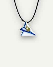 Blue and white porcelain airplane pendant charm with gold accent.