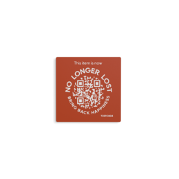 Square stickers in various colors including dark blue, rust brown, light grey, off-white, dark grey, and yellow. The stickers measure 45 mm x 45 mm and feature a QR code design.