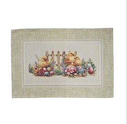  Easter placemat with chicks, colorful flowers, gobelin woven fabric, rectangular shape, spring design.