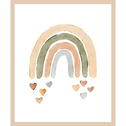  A colorful rainbow-themed wall art print for a kids' room. The image features a hand-painted rainbow design with hearts in various colors. This artwork would be suitable for decorating a nursery or playroom.