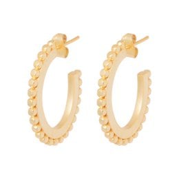 Oval-shaped gold-tone hoop earrings with a textured, beaded design.