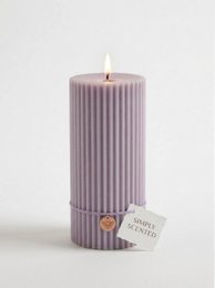  Lavender ribbed pillar candle, tall cylindrical shape, purple color, textured grooves, aromatic home decor