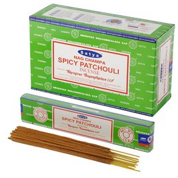 Spicy patchouli incense sticks with a warm, earthy aroma. Made with natural ingredients. Suitable for meditation, relaxation, and creating a calming atmosphere.