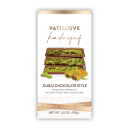  Pistachio and Kadayif filled milk chocolate bar with a Dubai chocolate style. The chocolate bar features a combination of pistachio and kadayif, a traditional Middle Eastern pastry, enrobed in milk chocolate.