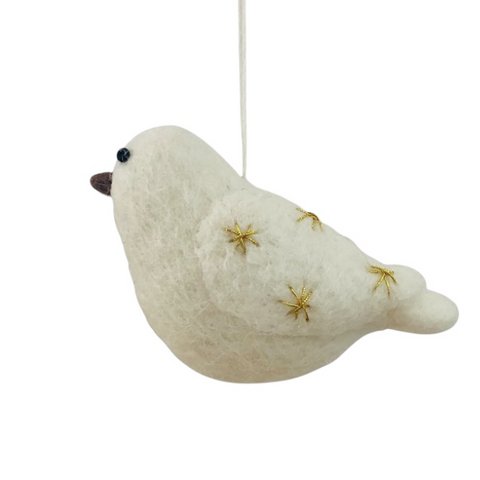Luna-Leena bird hanging ornament  - off white & gold - wool felt - handmade in Nepal