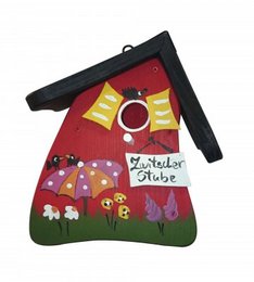  Red bird villa nesting box with decorative details, black roof, green base, whimsical design.