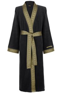Aymando luxe badjaskimono | Elegante kamerjas met geborduurde bies in gouden ornament-look. Premium kwaliteit van 100% katoen | Voor dames en heren | Zwart en goud