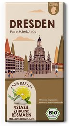 Organic Dresden city chocolate bar with pistachio, lemon, and rosemary flavors. Dark chocolate with 47% cacao content.
