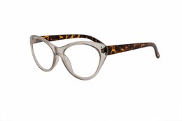 Stylish gray cat-eye eyeglasses with tortoiseshell accents. Suitable for prescription lenses.