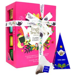 This tea gift set contains 12 organic pyramid tea bags in a classic English tea flavor. The packaging features a vibrant pink color with floral and butterfly designs, creating an elegant and gift-worthy presentation.