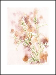 Watercolor painting of a floral arrangement with soft pink and green tones, featuring delicate flowers and foliage.