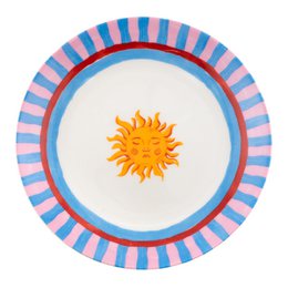  Circular breakfast plate with a sun motif and striped border in pink, blue, and white.