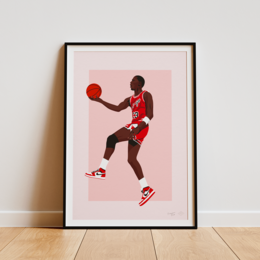 A poster featuring a silhouetted figure of Michael Jordan, the legendary basketball player, in his iconic Chicago Bulls jersey. The poster has a minimalist, stylized design with a pink background, highlighting the player's dynamic pose and basketball in hand.