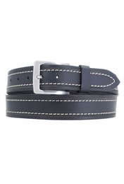 Black buffalo leather belt with silver-tone buckle, durable and stylish accessory for casual or formal wear.
