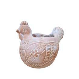 Terracotta chicken statue with decorative carved patterns, round plump body, rustic clay finish, folk art style.