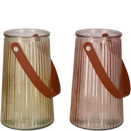  Glass lantern with brown accents, 12.5cm diameter and 21cm height, available in 2 colors, suitable for use as an ornament.