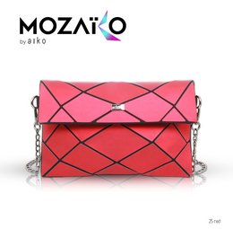A red and pink geometric patterned handbag with a flap and chain strap.