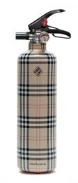 A tartan-patterned fire extinguisher with a black nozzle and handle.