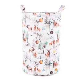 Rectangular toy basket with colorful forest animal print, including deer, foxes, and birds. Made of durable cotton fabric with a drawstring closure for easy access. Suitable for storing toys, books, or other items in a child's room or playroom.