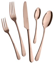 Astoria copper polished cutlery set, 30 pieces, available in medium (20 pieces), large (30 pieces), and small (10 pieces) sizes. The cutlery features a copper polished finish with a sleek, modern design.