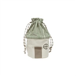  Small woven storage basket with striped fabric drawstring closure. Ideal for organizing and storing items in the home or office.