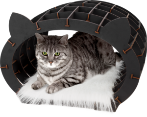 Eco Wood Art (EWA) 3D Bouwpakket Houten Huisje Zwart voor uw Kat met Wit Pluche Vachtje, 1737, 48x36,2x45,6cm