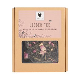  Lieber tea, a blend of black tea, rose petals, and lavender, packaged in a cardboard box with a floral design.