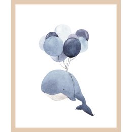  This whimsical wall art features a playful illustration of a flying whale with blue balloons. The image would make a charming addition to a child's bedroom or nursery decor.