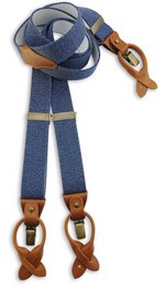 Denim blue suspenders with leather accents, featuring a classic Y-shaped design for a stylish and functional accessory.