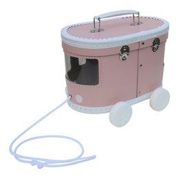 A pink suitcase-style basket with wheels and a handle, suitable for kids. The basket features a rounded, oval shape and a metal handle.