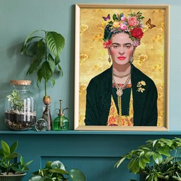 Vibrant portrait of Frida Kahlo with colorful floral crown, wearing a dark green dress against a gold background. The image captures Frida's iconic style and artistic flair.