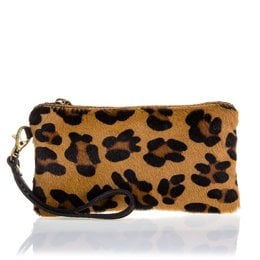 Genuine leather handbag in a leopard print pattern, with a wrist strap for easy carrying.