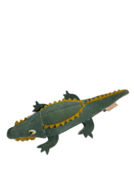 Plush dachshund-shaped pet toy in black and brown colors. Soft, textured material with detailed features like legs, body shape, and facial features. Suitable for interactive play and chewing.