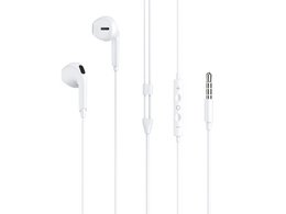  White in-ear earbuds with microphone, 3.5mm jack, 1.2m cable, wired earphones for music and calls.